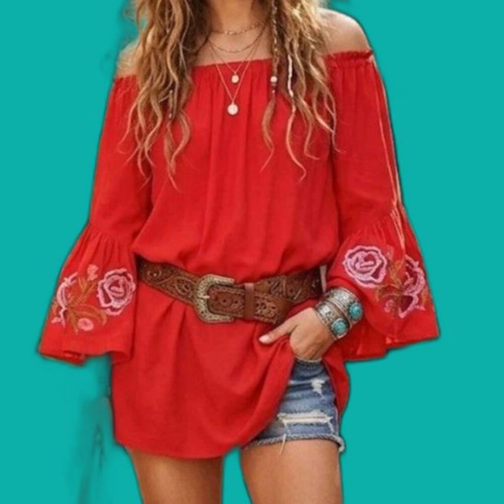New Feathers Floral Embroidered Top Boho Hippie Red Peasant Medium